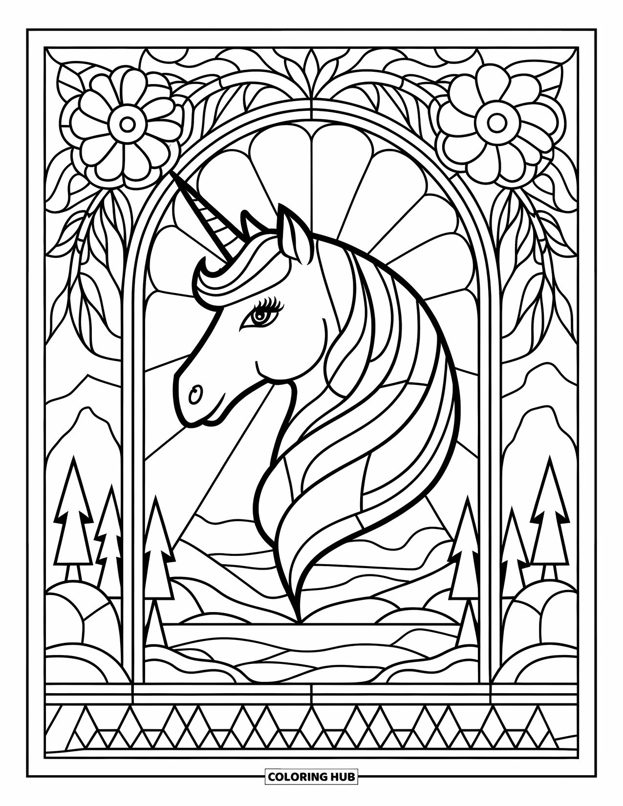 Unicorn Head Coloring Page for Adults: Floral glass details and geometric lines frame a peaceful unicorn by the water