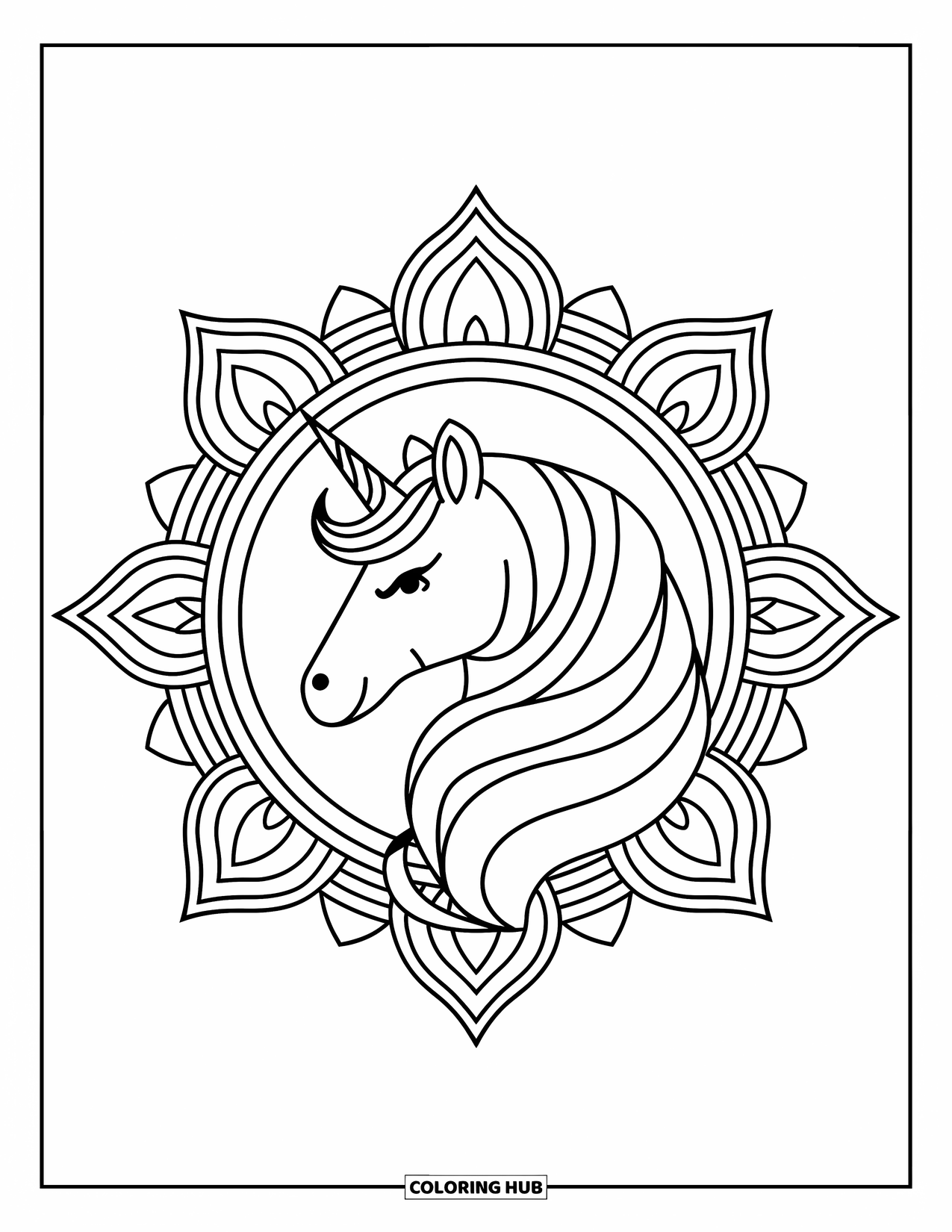 Unicorn Head Coloring Page for Adults: Mandala shapes like circles and triangles frame a unicorn's peaceful expression