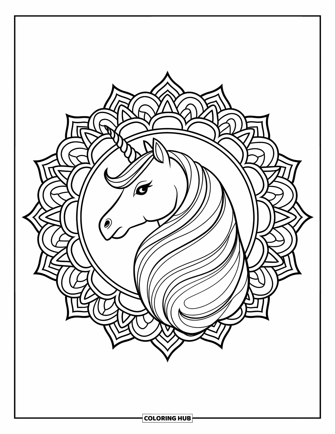 Unicorn Head Coloring Page for Adults: Symmetrical mandala patterns spiral around a unicorn's head and horn