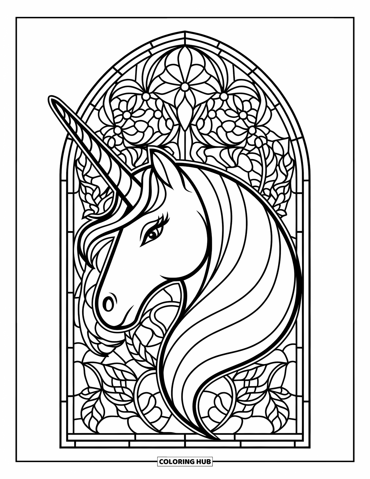 Unicorn Head Coloring Page for Adults: Vine-filled stained glass borders surround a unicorn's spiral horn