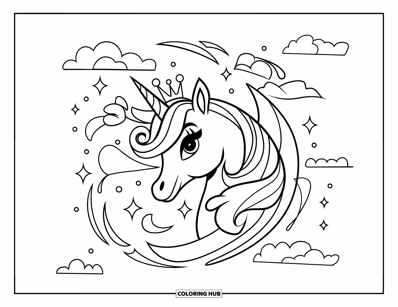 Unicorn Head Coloring Page for Kids: A crowned unicorn floats among clouds and sparkles