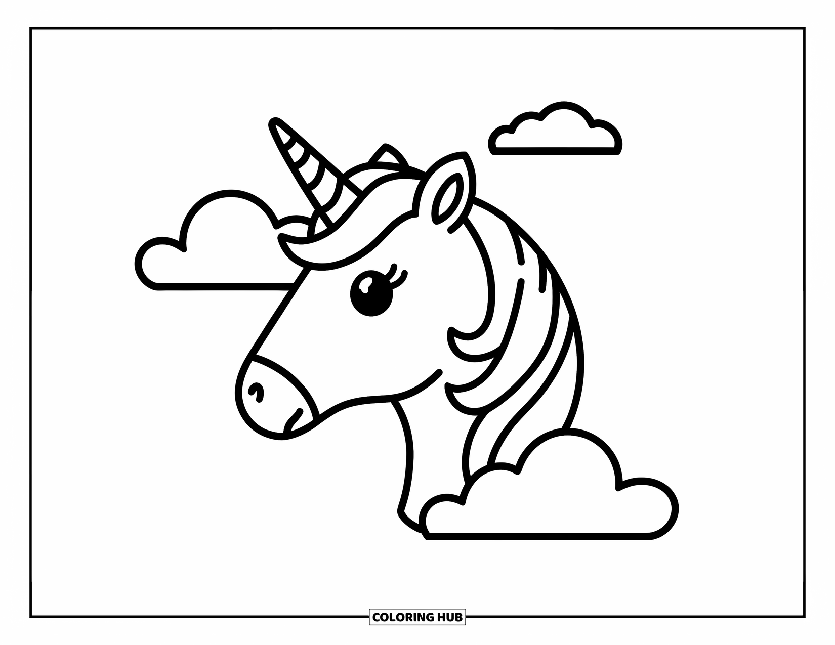 Unicorn Head Coloring Page for Kids: A rounded-horn unicorn with puffy clouds around its head looks cheerful