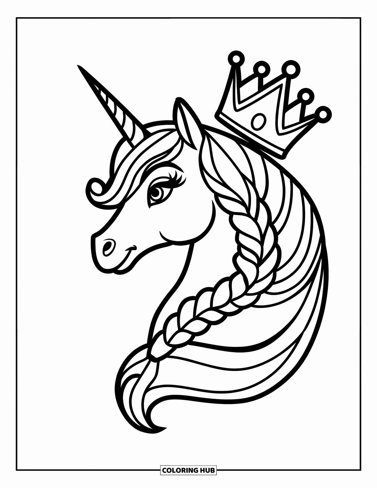 Unicorn Head Coloring Page for Kids: A unicorn with a braided mane glows peacefully against a clean background