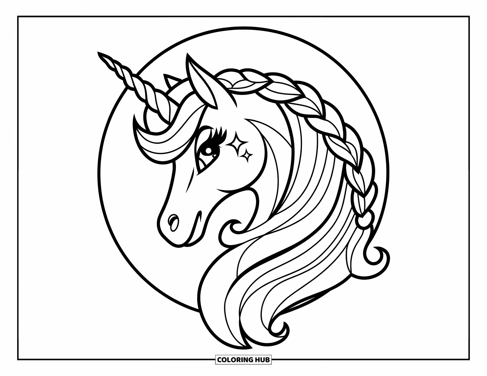 Unicorn Head Coloring Page for Kids: A unicorn with a dreamy mane and starry eyes stands on a cloud