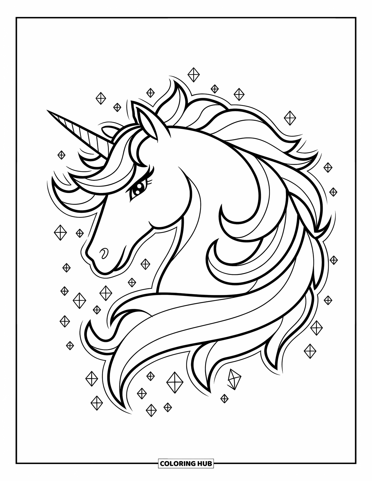 Unicorn Head Coloring Page for Kids: A unicorn with a full flowing mane shines with a peaceful glow
