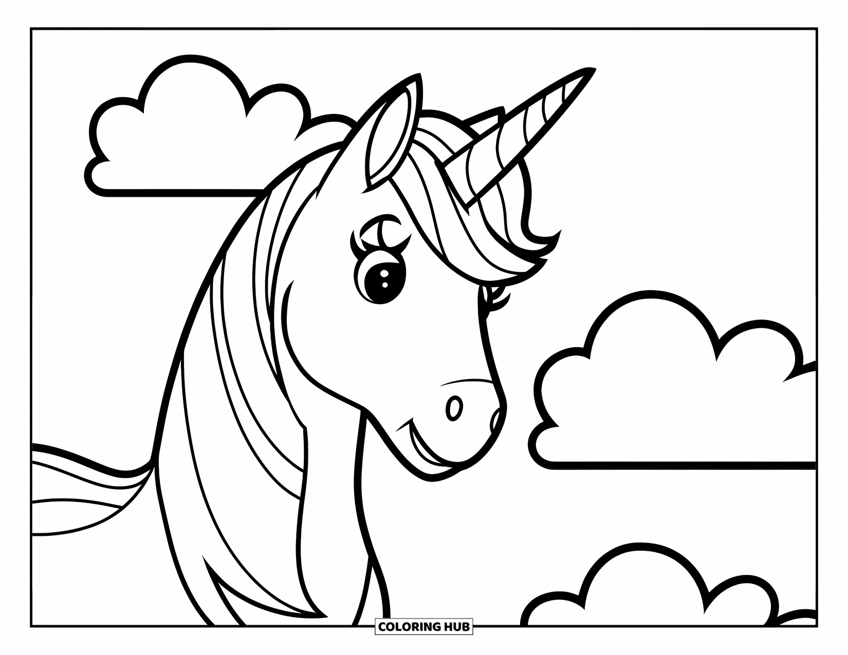 Unicorn Head Coloring Page for Kids: A unicorn with a pink flower behind its ear looks gently to the side