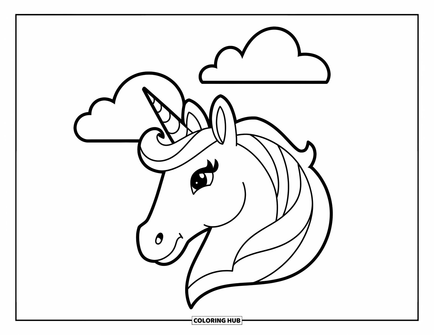 Unicorn Head Coloring Page for Kids: A unicorn with a soft horn smiles between two big clouds