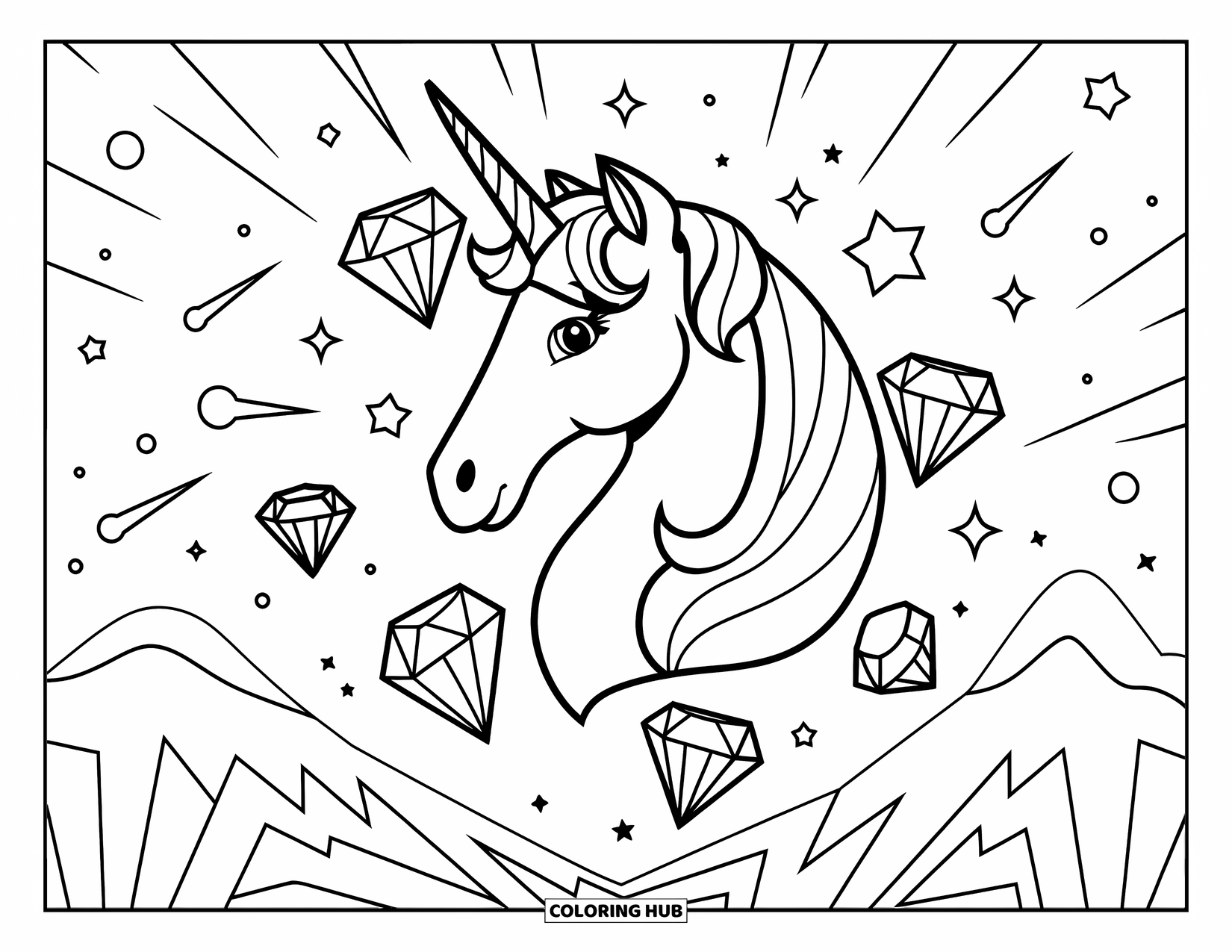 Unicorn Head Coloring Page for Kids: A unicorn with floating stars and diamonds stands under a starry sky