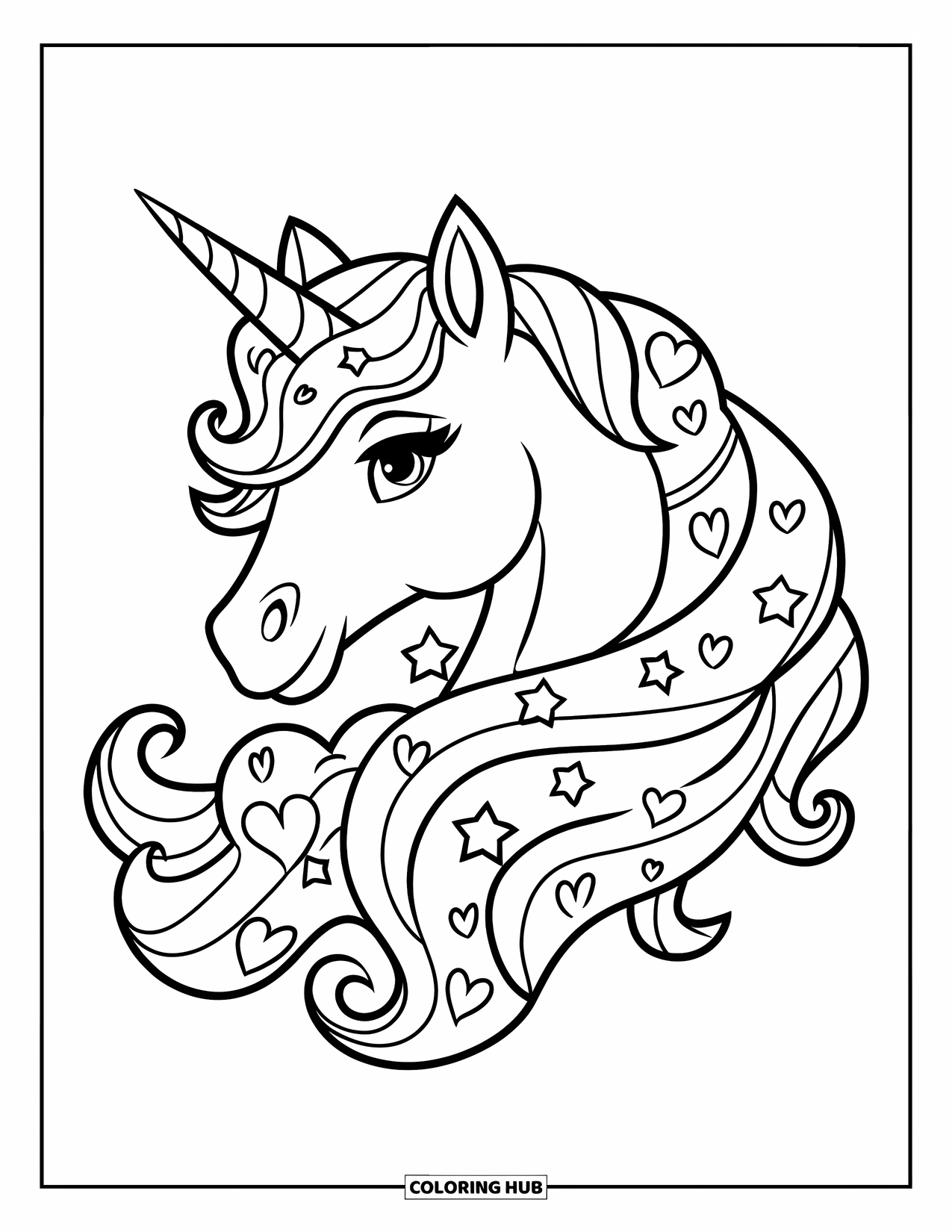 Unicorn Head Coloring Page for Kids: A unicorn with heart-filled waves in its mane smiles gently