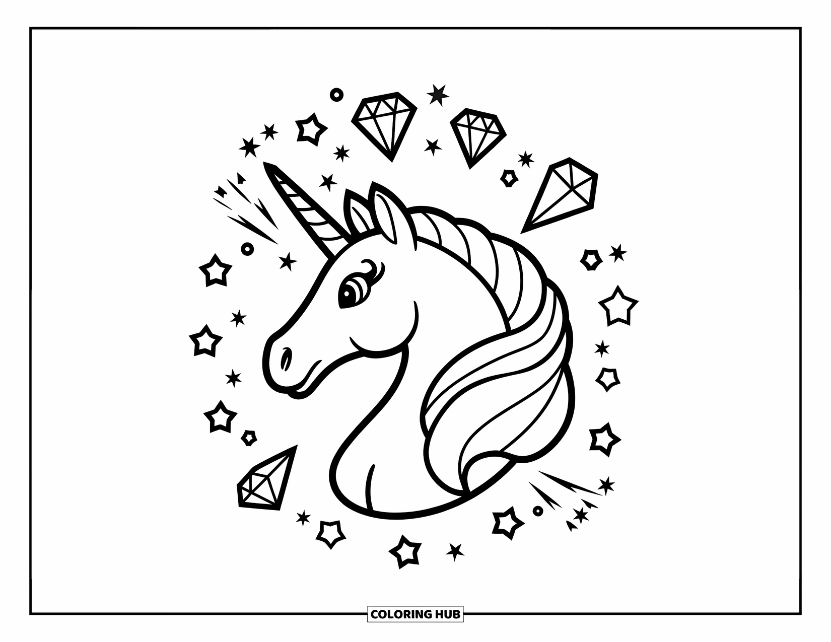Unicorn Head Coloring Page for Kids: Shooting stars and diamonds sparkle around a dreamy unicorn