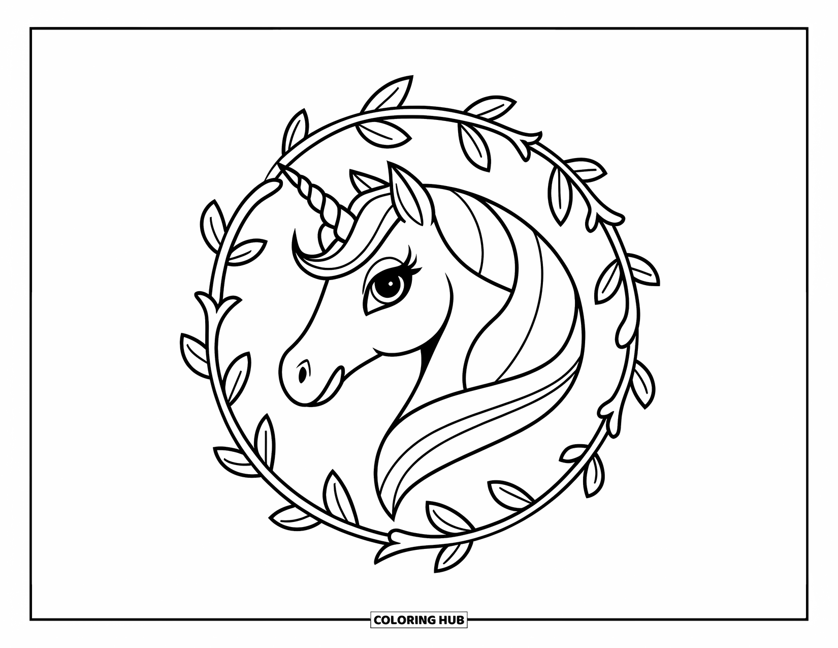 Unicorn Head Coloring Page for Kids: Swirling leaves frame a unicorn with a shiny horn and sweet expression