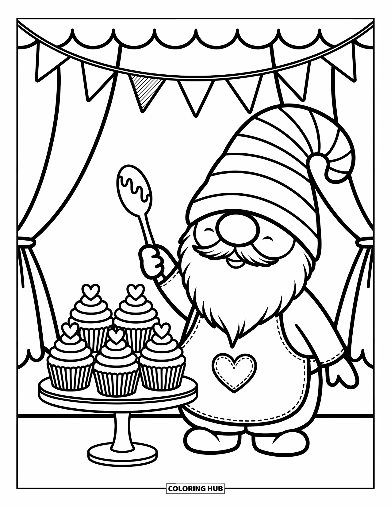 Valentine Gnome Coloring Page for Adults: A chef gnome proudly presents cupcakes with heart toppers and frosting
