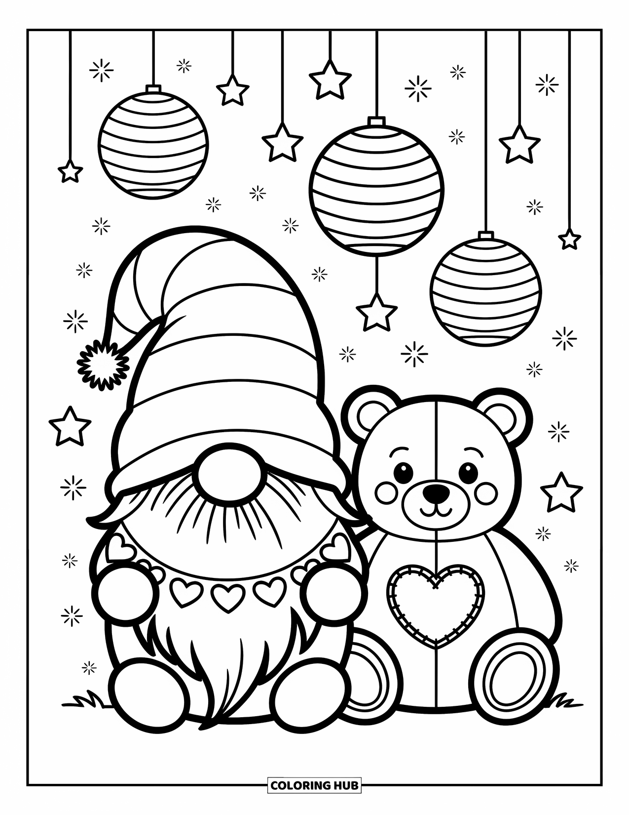Valentine Gnome Coloring Page for Adults: A cozy gnome holds a garland while lanterns glow softly behind