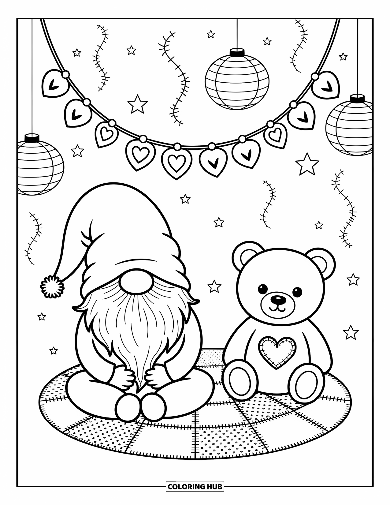 Valentine Gnome Coloring Page for Adults: A gnome and bear sit under lanterns with sparkles floating around