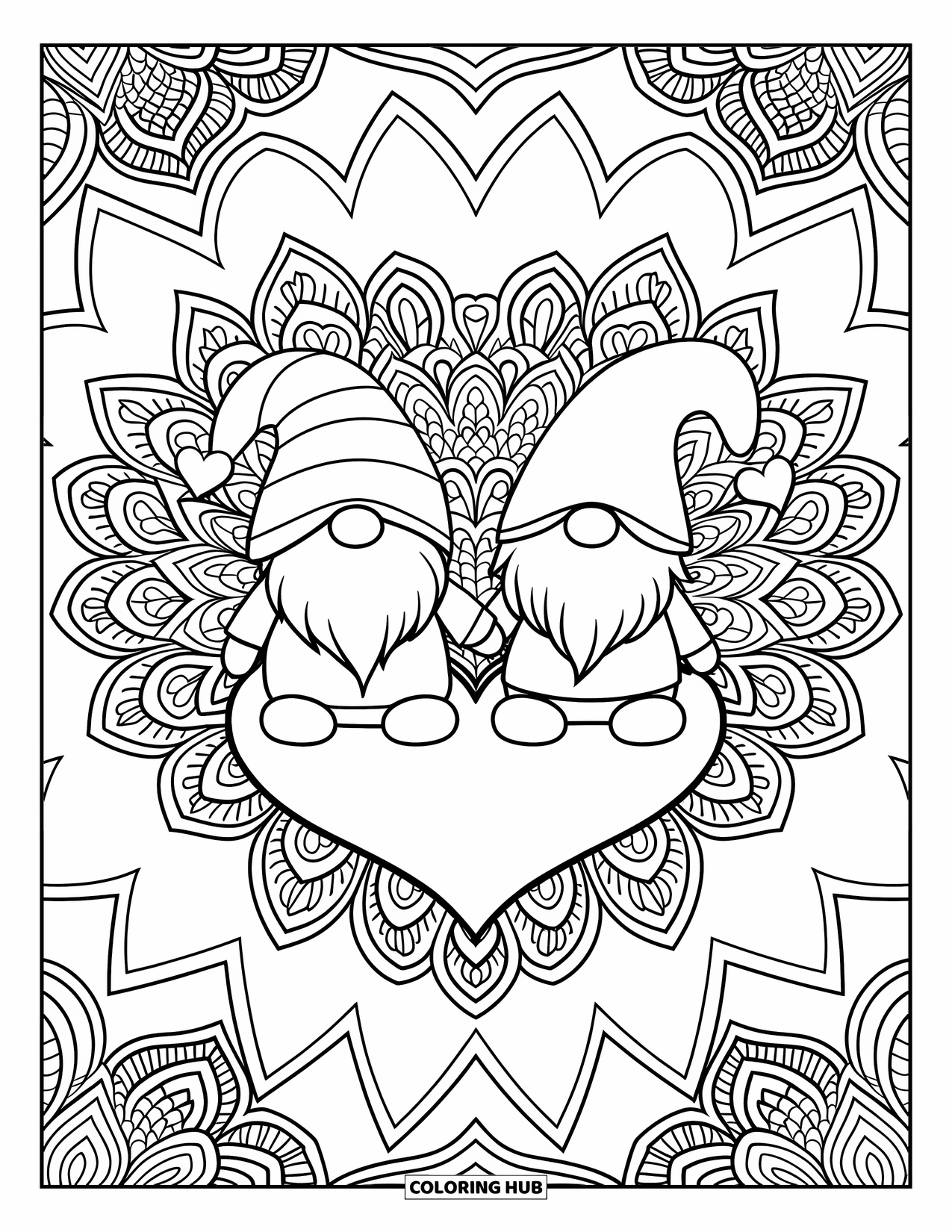 Valentine Gnome Coloring Page for Adults: A gnome couple holds hands surrounded by layered heart mandala patterns