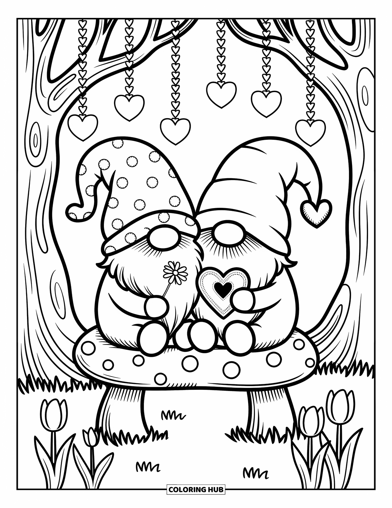 Valentine Gnome Coloring Page for Adults: A gnome gives a flower while another holds a card on a bench