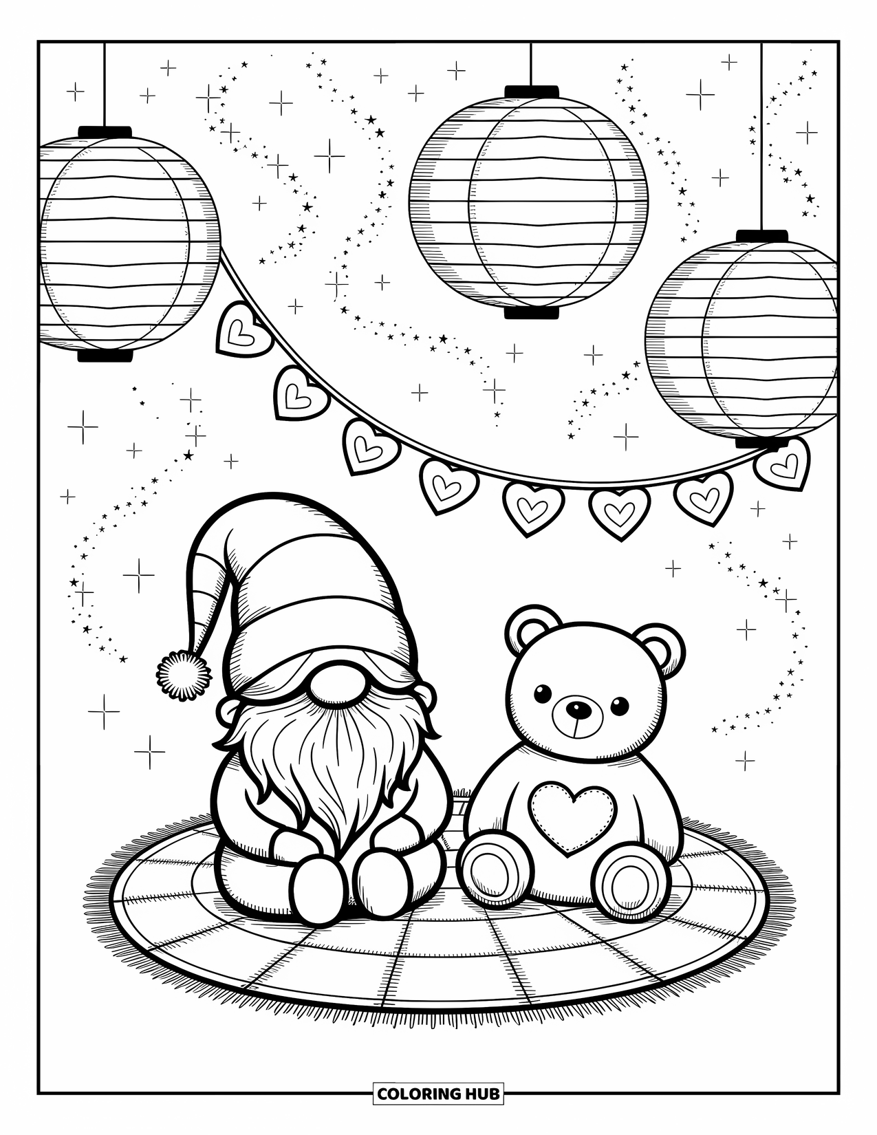 Valentine Gnome Coloring Page for Adults: A gnome holds a heart and star garland beside a plush bear