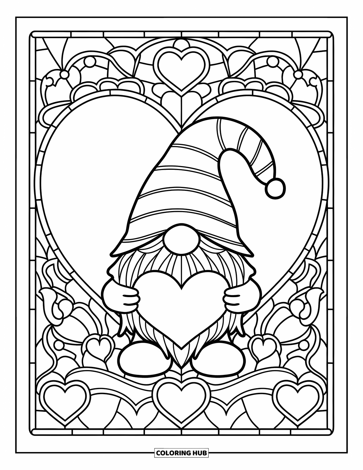 Valentine Gnome Coloring Page for Adults: A gnome holds a heart inside a stained glass design filled with love symbols