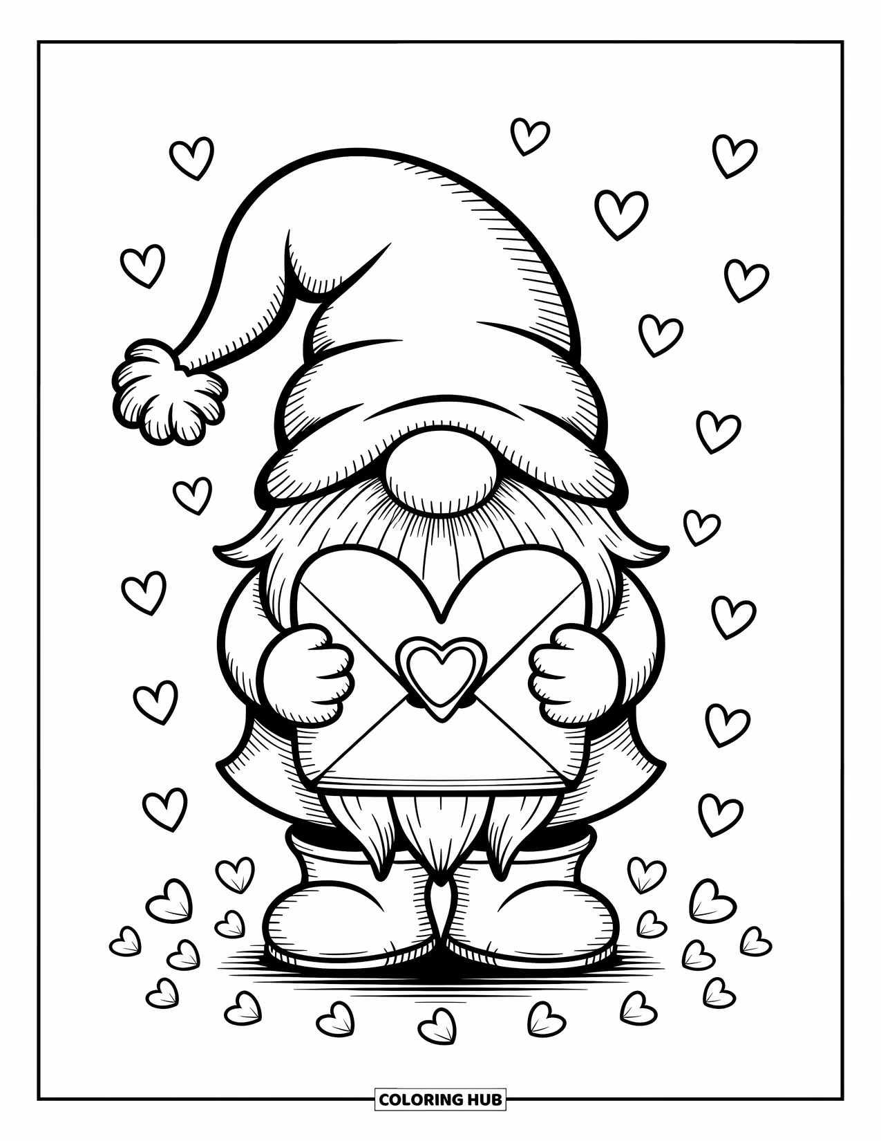 Valentine Gnome Coloring Page for Adults: A gnome hugs a heart envelope as hearts and clouds float around