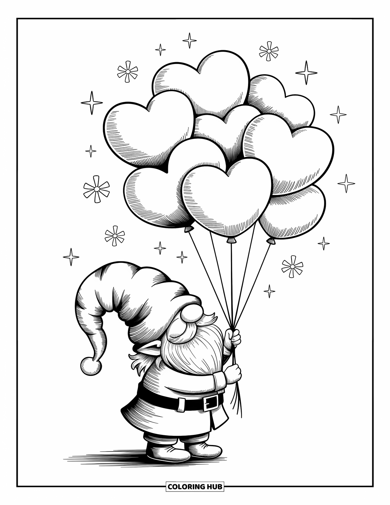 Valentine Gnome Coloring Page for Adults: A gnome leans back with heart balloons as stars gently drift by