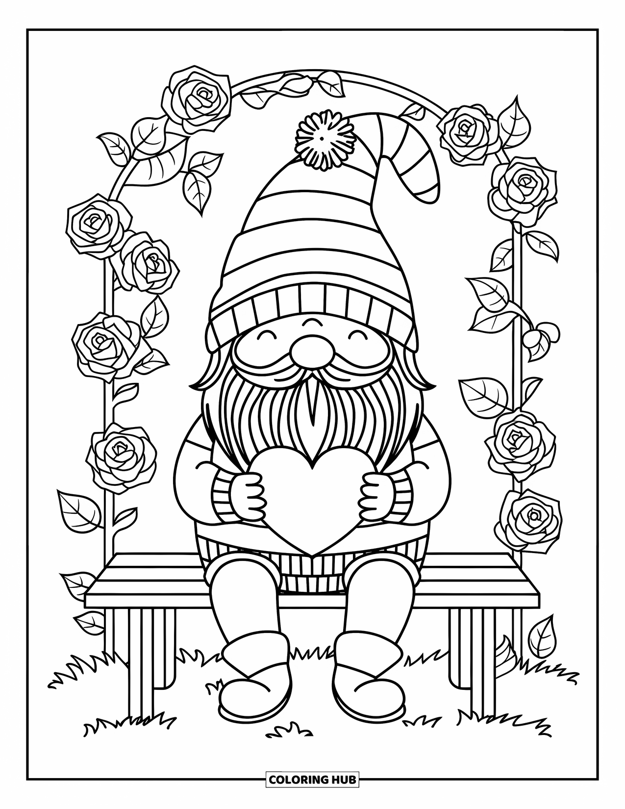 Valentine Gnome Coloring Page for Adults: A gnome on a bench holds a heart in a garden full of roses