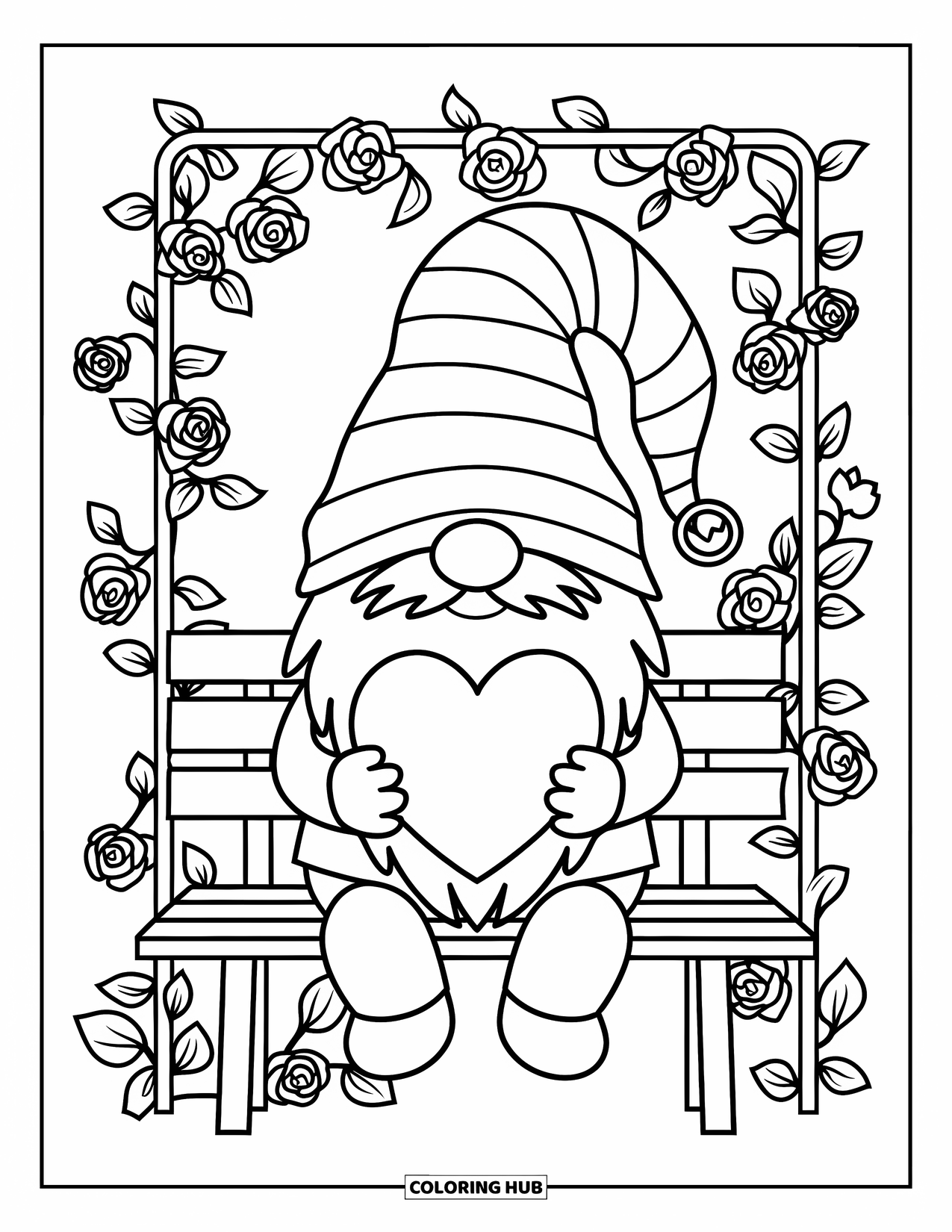 Valentine Gnome Coloring Page for Adults: A gnome sits on a bench in a rose garden holding a heart shape