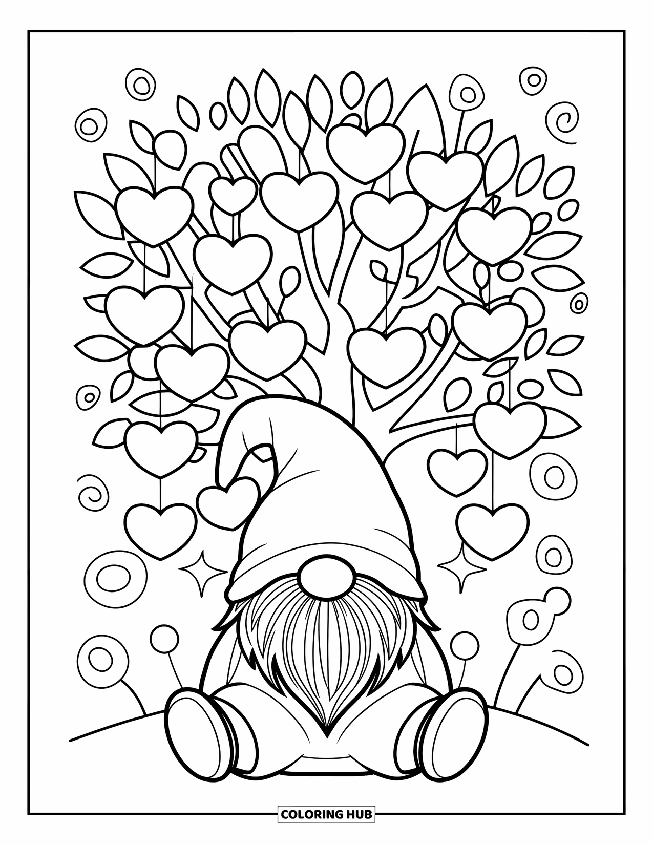 Valentine Gnome Coloring Page for Adults: A gnome sits peacefully under a tree filled with hanging hearts and swirls