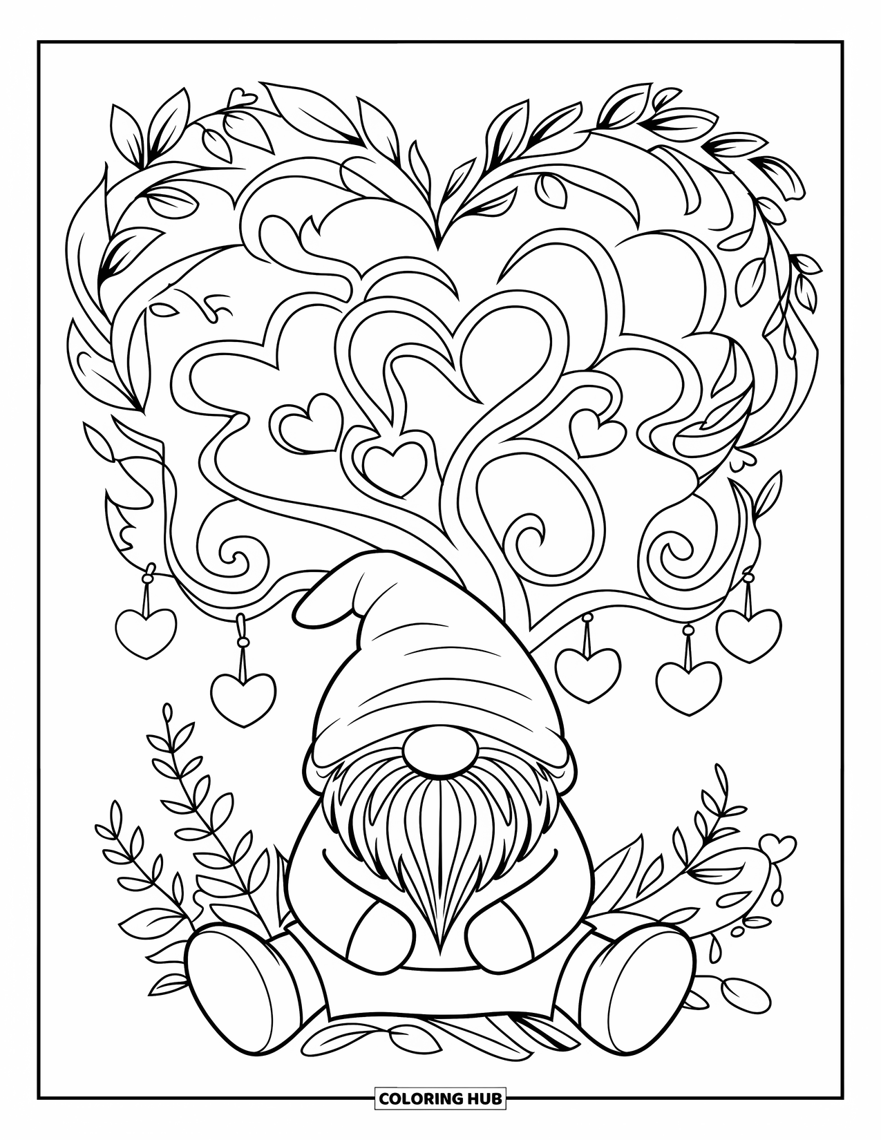 Valentine Gnome Coloring Page for Adults: A gnome sits under a heart tree with leaves and flowers swirling around