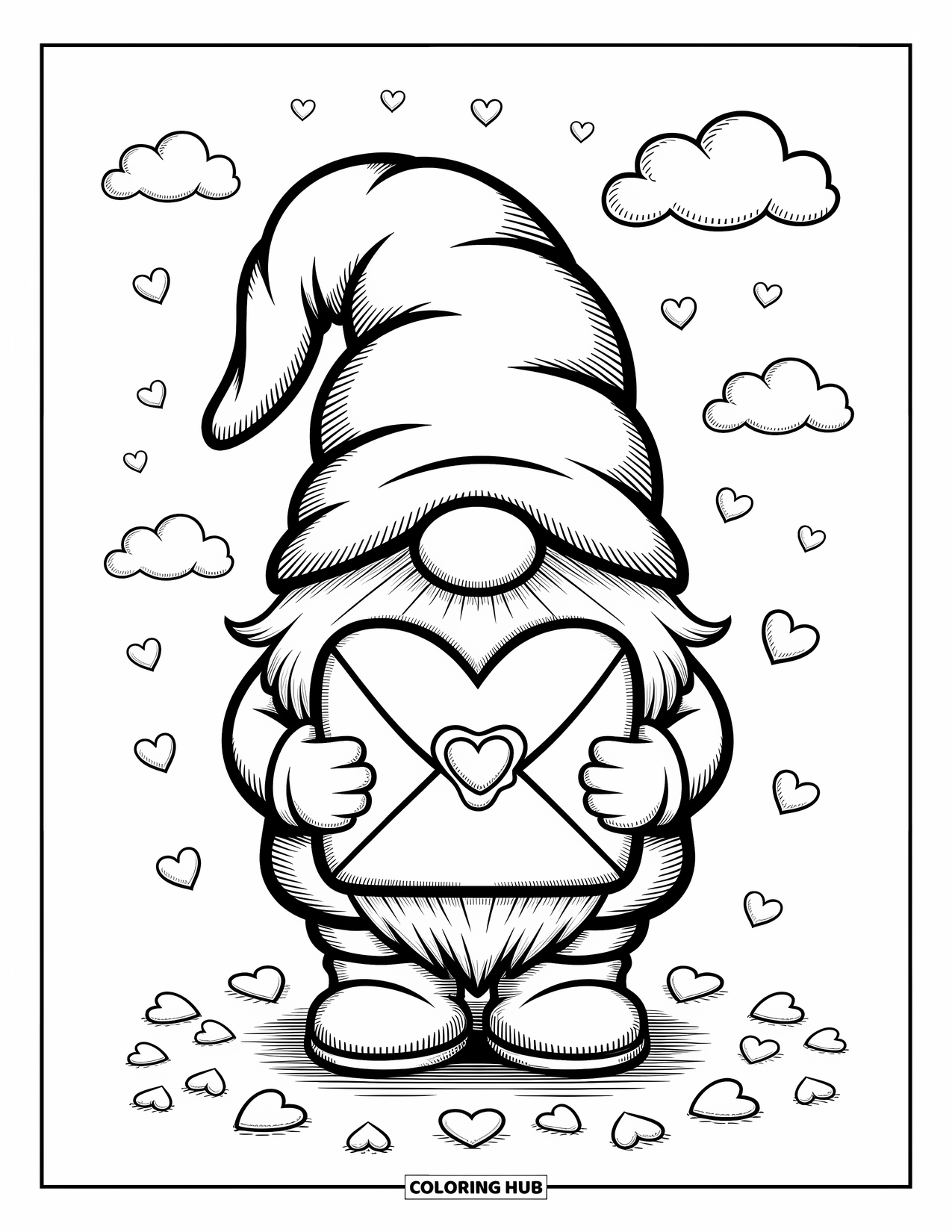 Valentine Gnome Coloring Page for Adults: A gnome stands among heart petals with a sealed love letter in hand