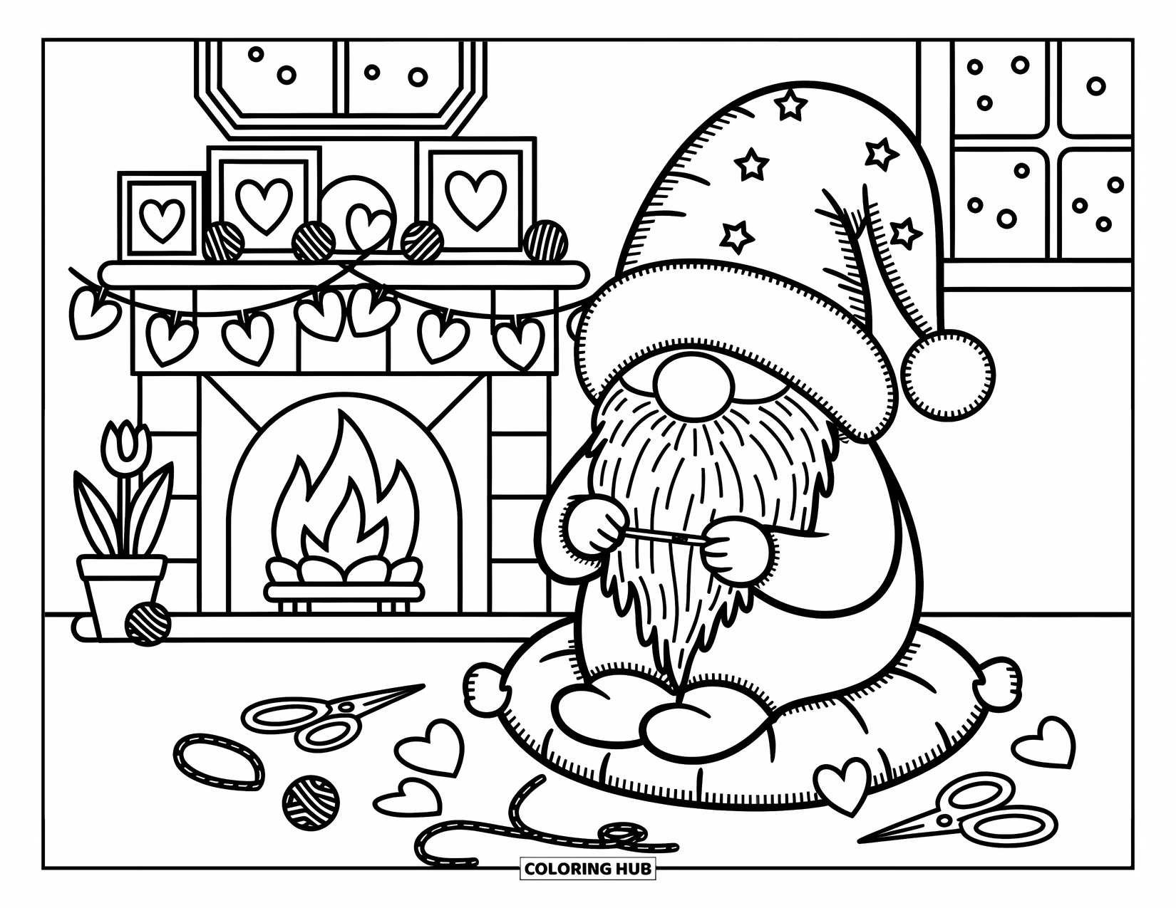 Valentine Gnome Coloring Page for Adults: A gnome strings hearts by the fire with snow falling outside
