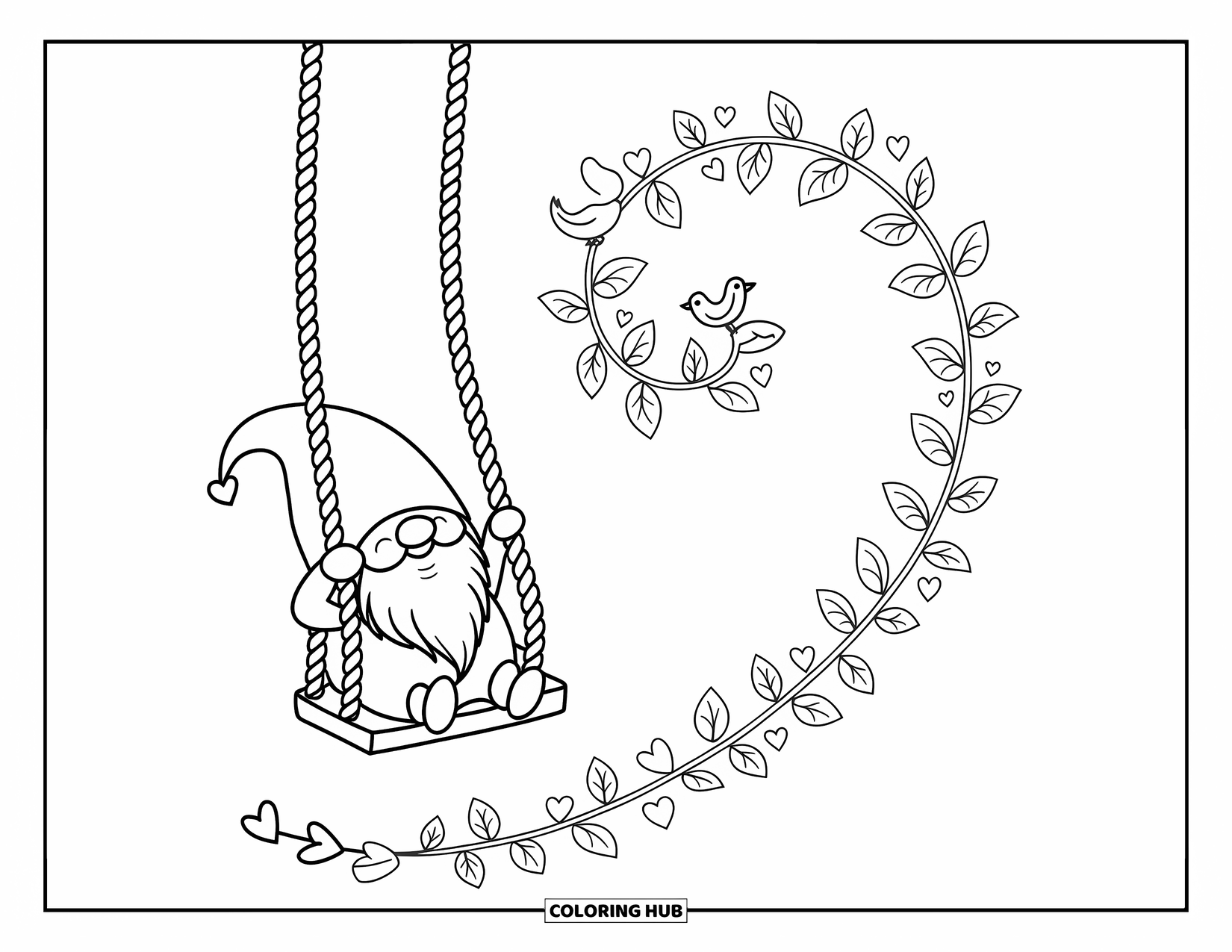 Valentine Gnome Coloring Page for Adults: A gnome swings peacefully as petals and tiny birds flutter below