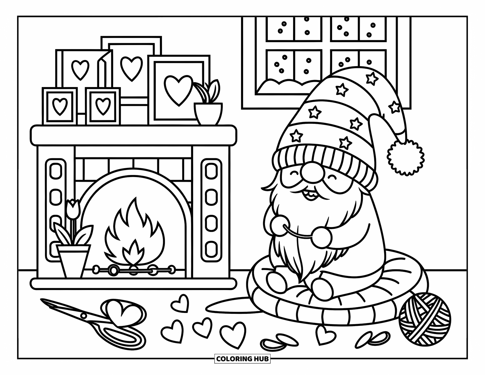 Valentine Gnome Coloring Page for Adults: A gnome threads paper hearts by a fireplace on a snowy night