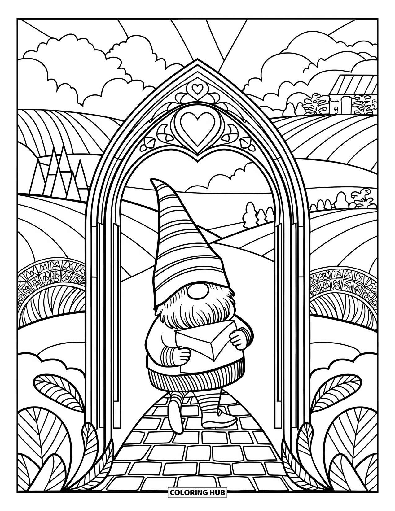 Valentine Gnome Coloring Page for Adults: A gnome walks on cobblestones with a letter and stained glass above
