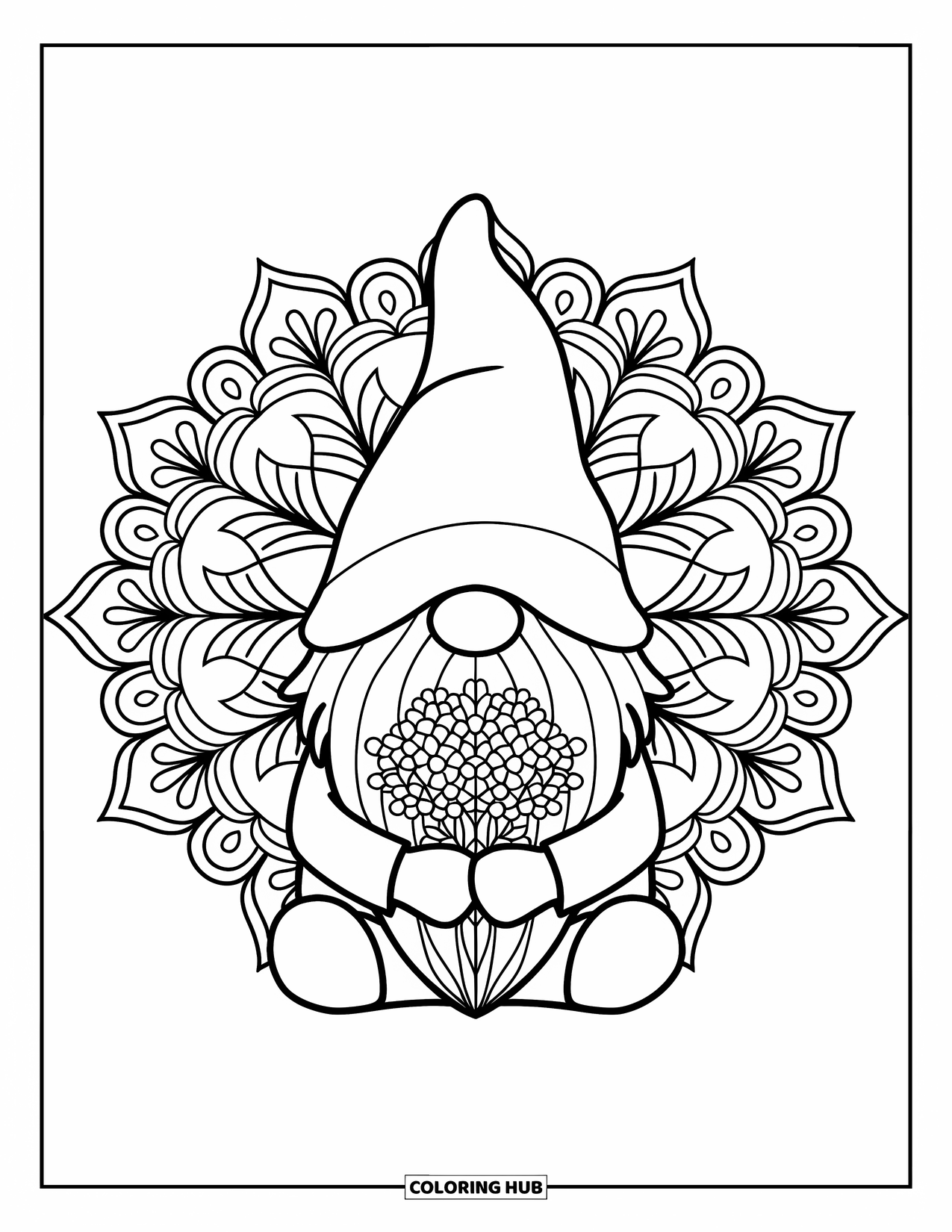 Valentine Gnome Coloring Page for Adults: A gnome with a bouquet stands inside a mandala of hearts and flowers
