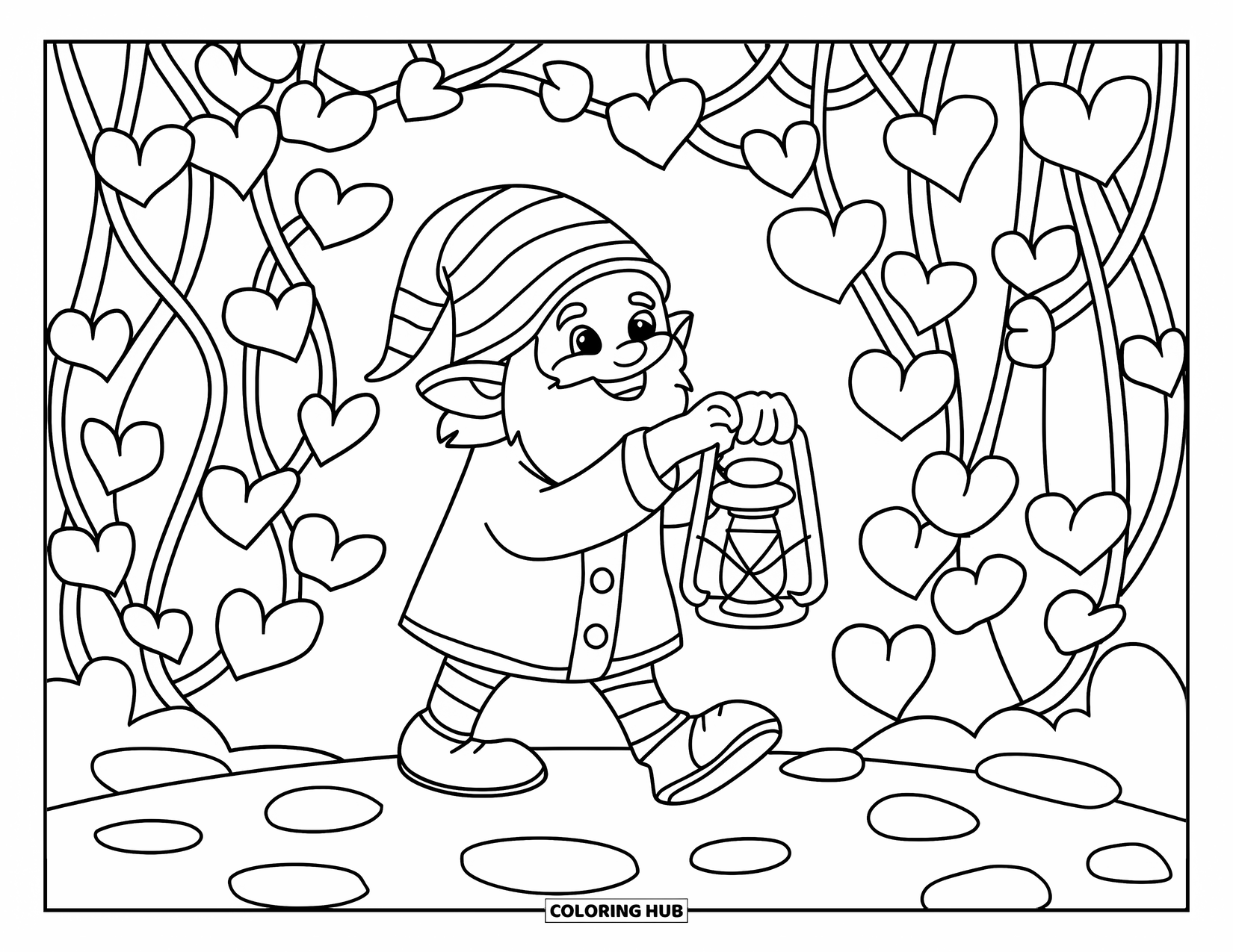 Valentine Gnome Coloring Page for Adults: A gnome with a lantern strolls through heart-covered trees on a stone path