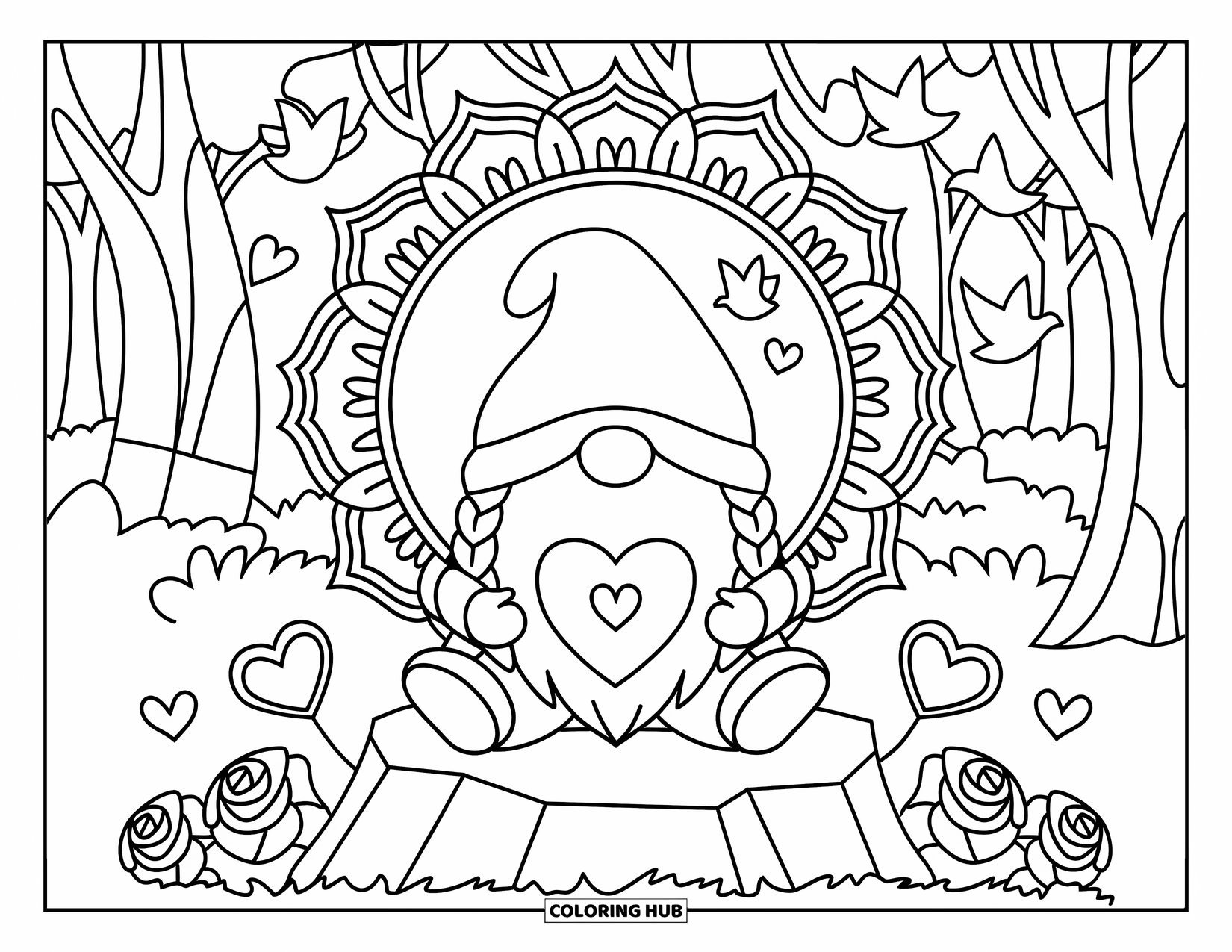 Valentine Gnome Coloring Page for Adults: A gnome with pigtails sits in the forest holding a love note among roses