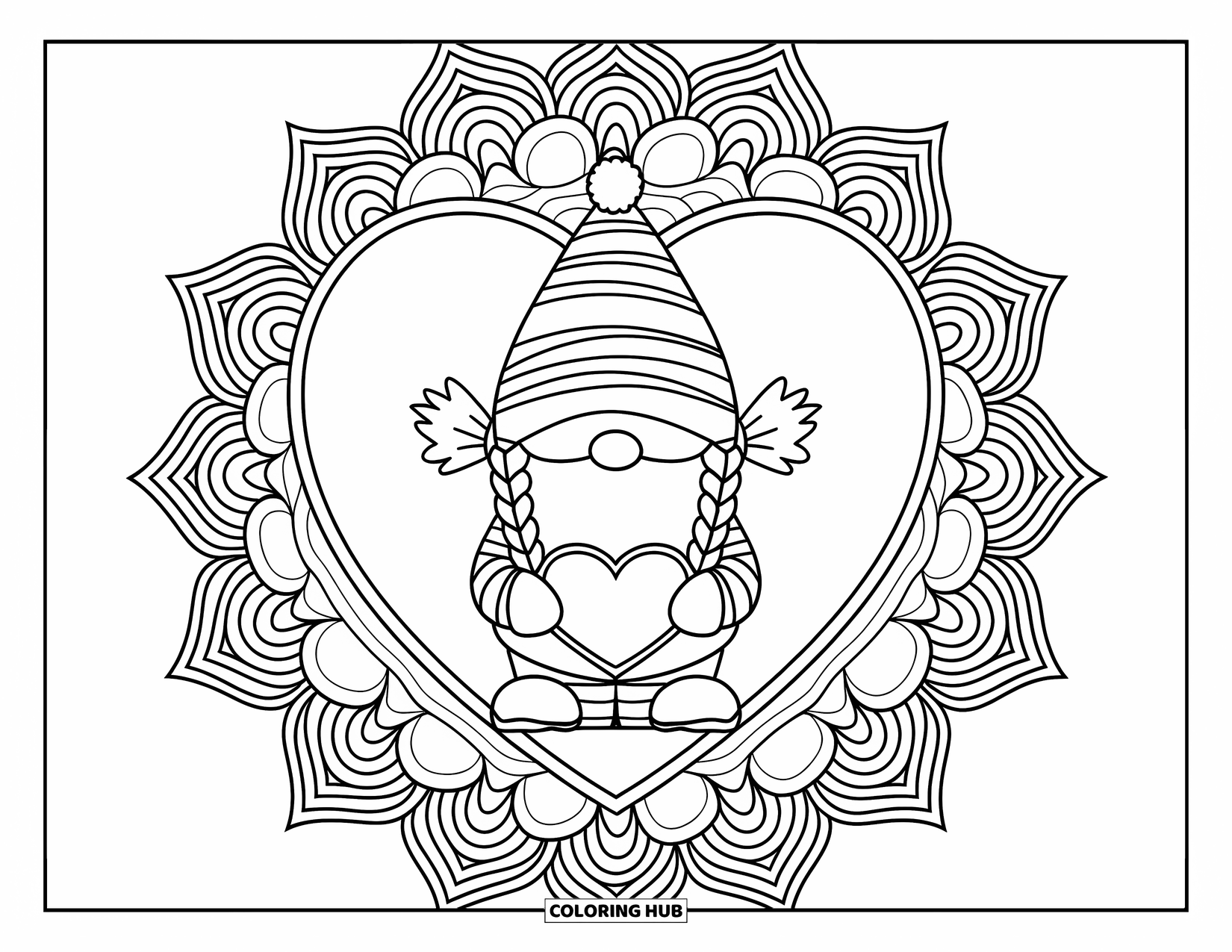 Valentine Gnome Coloring Page for Adults: A gnome with pigtails stands on a heart platform holding a love note