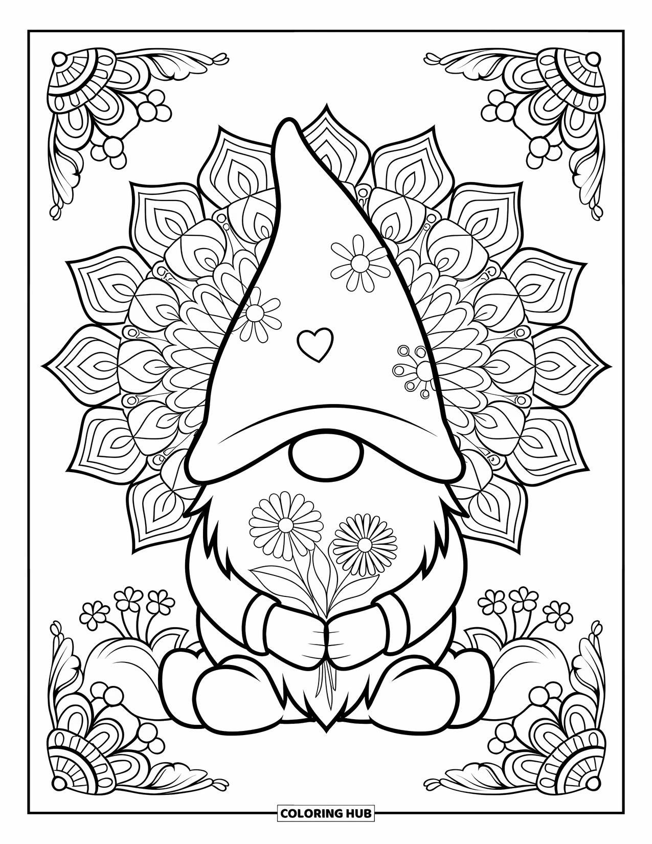 Valentine Gnome Coloring Page for Adults: A peaceful gnome holds a bouquet beneath a floral mandala design