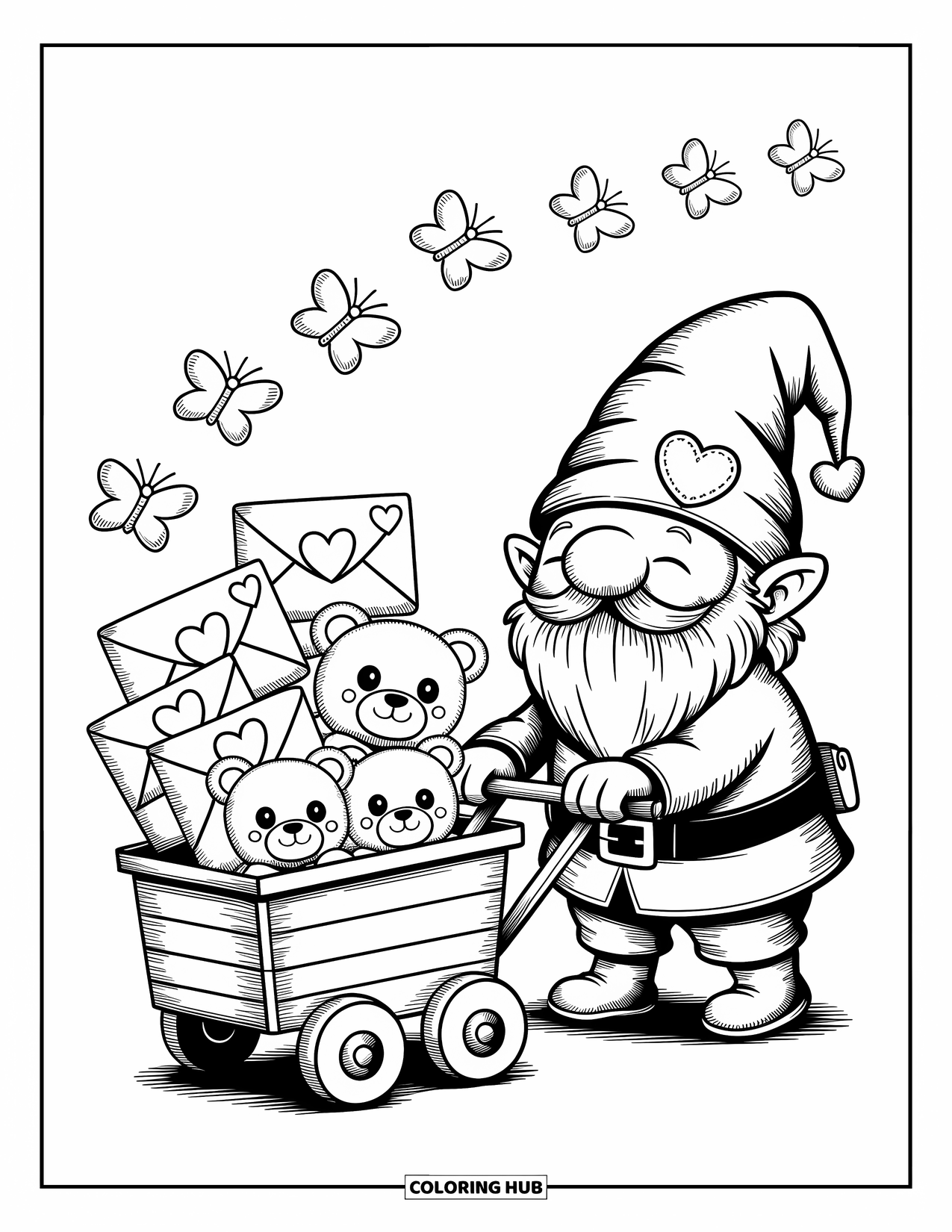 Valentine Gnome Coloring Page for Adults: A postman gnome rolls by with love letters and heart-shaped butterflies