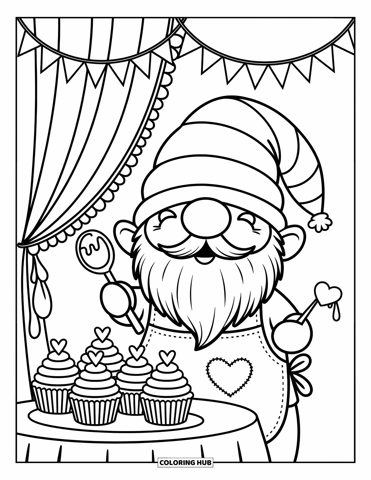 Valentine Gnome Coloring Page for Adults: A proud gnome holds cupcakes and smiles beneath a scalloped curtain