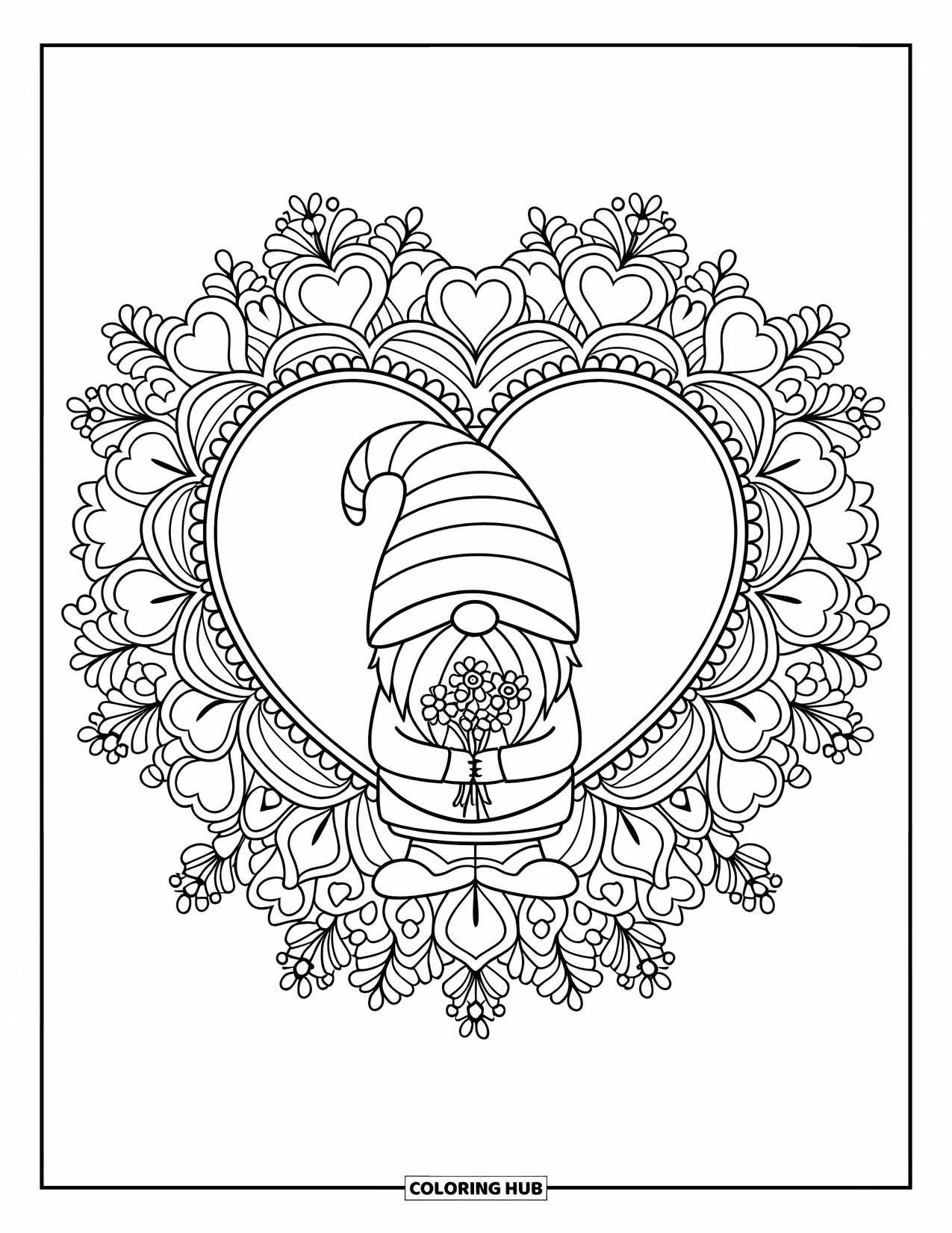 Valentine Gnome Coloring Page for Adults: A serene gnome stands on a heart base holding flowers inside a mandala
