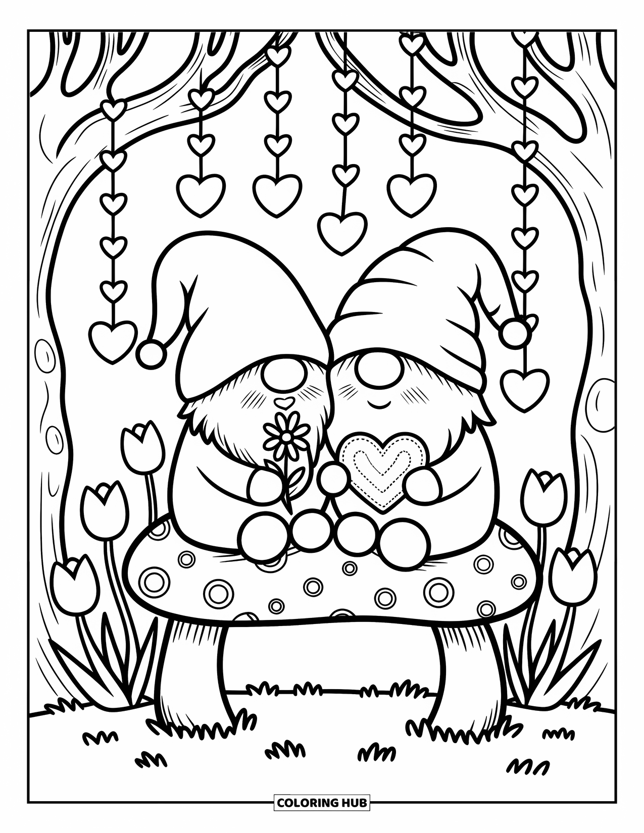 Valentine Gnome Coloring Page for Adults: A sweet gnome couple rests together on a mushroom under heart garlands