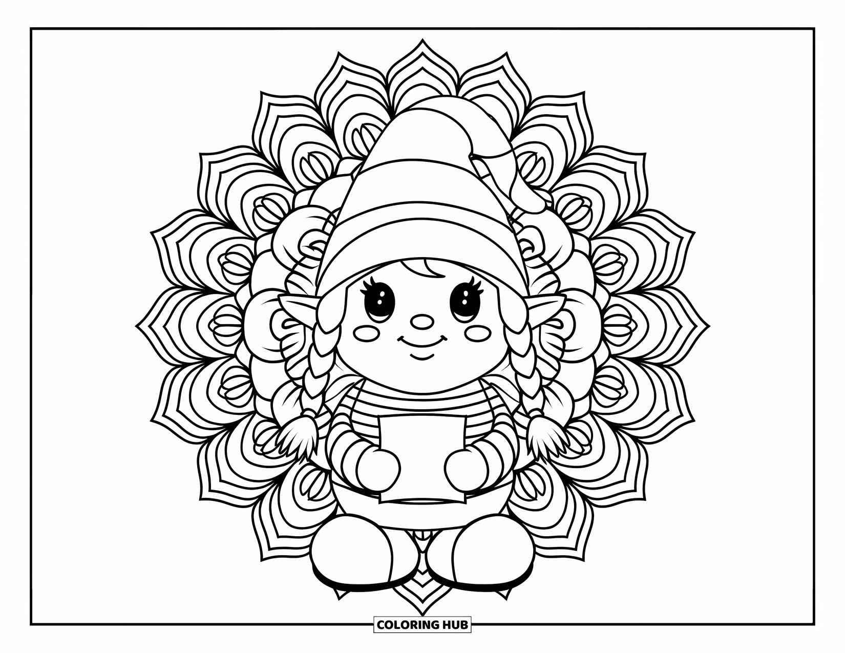Valentine Gnome Coloring Page for Adults: A sweet gnome with pigtails holds a note inside a rose-filled design
