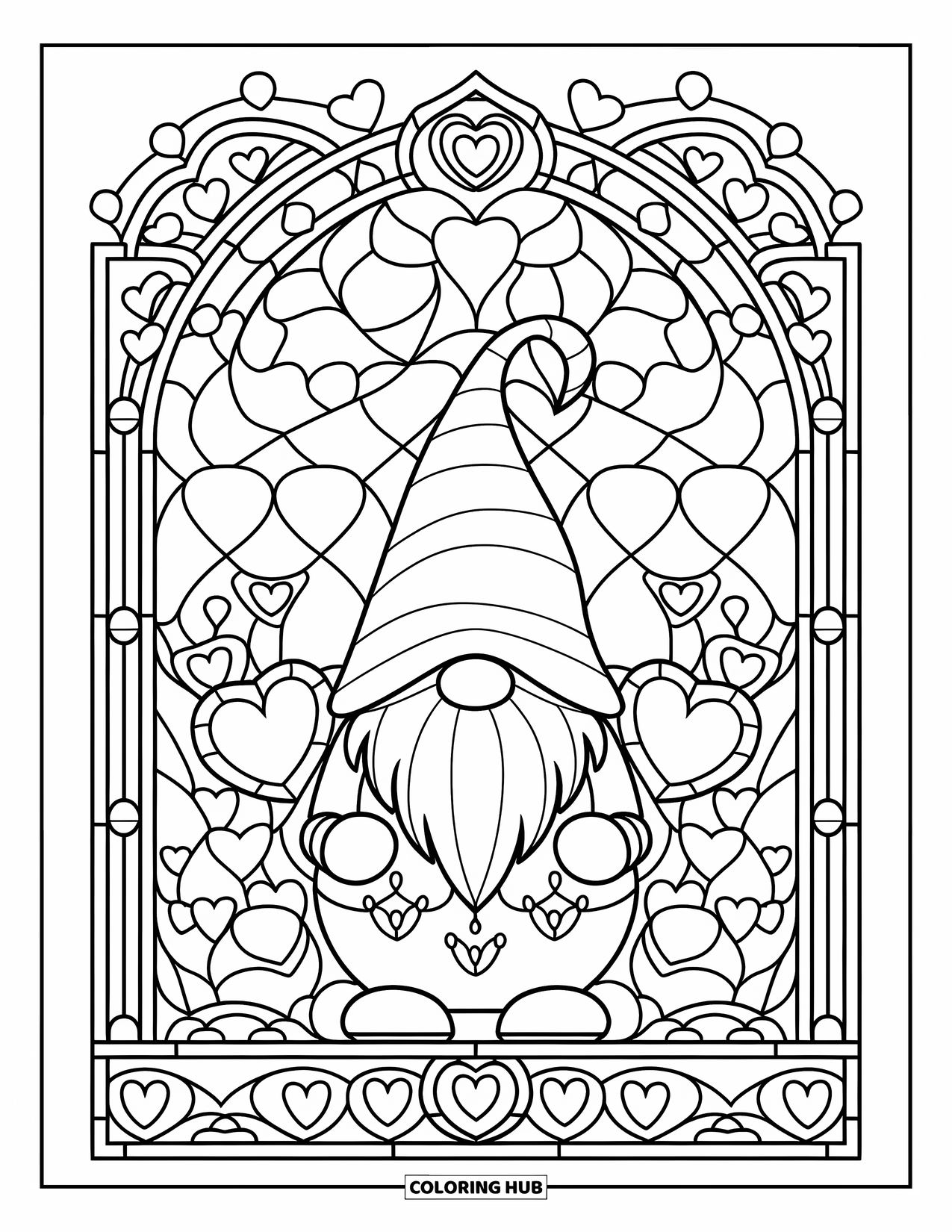Valentine Gnome Coloring Page for Adults: A Valentine gnome is framed in stained glass with intricate love-themed patterns