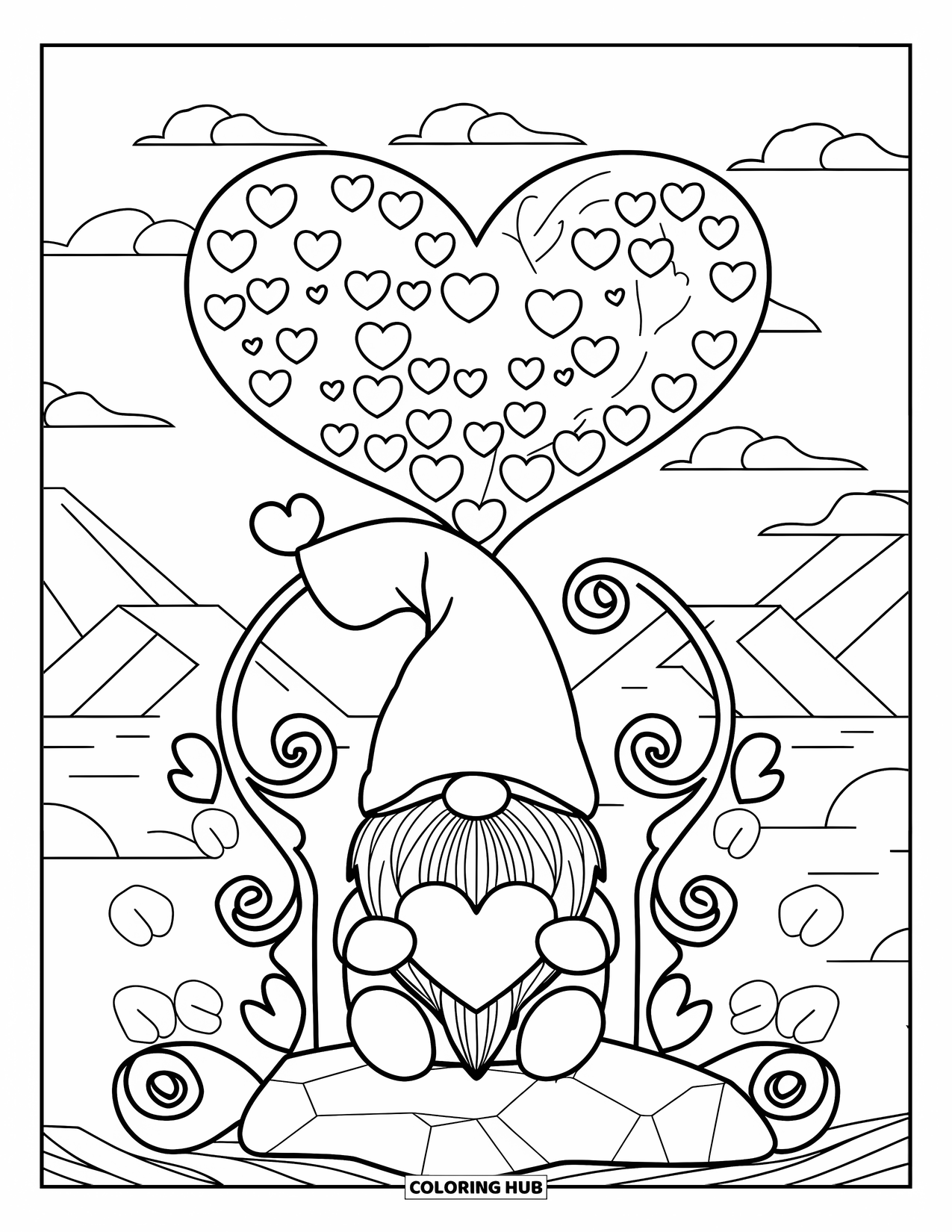 Valentine Gnome Coloring Page for Adults: A Valentine gnome sits under a heart tree with swirling plants nearby