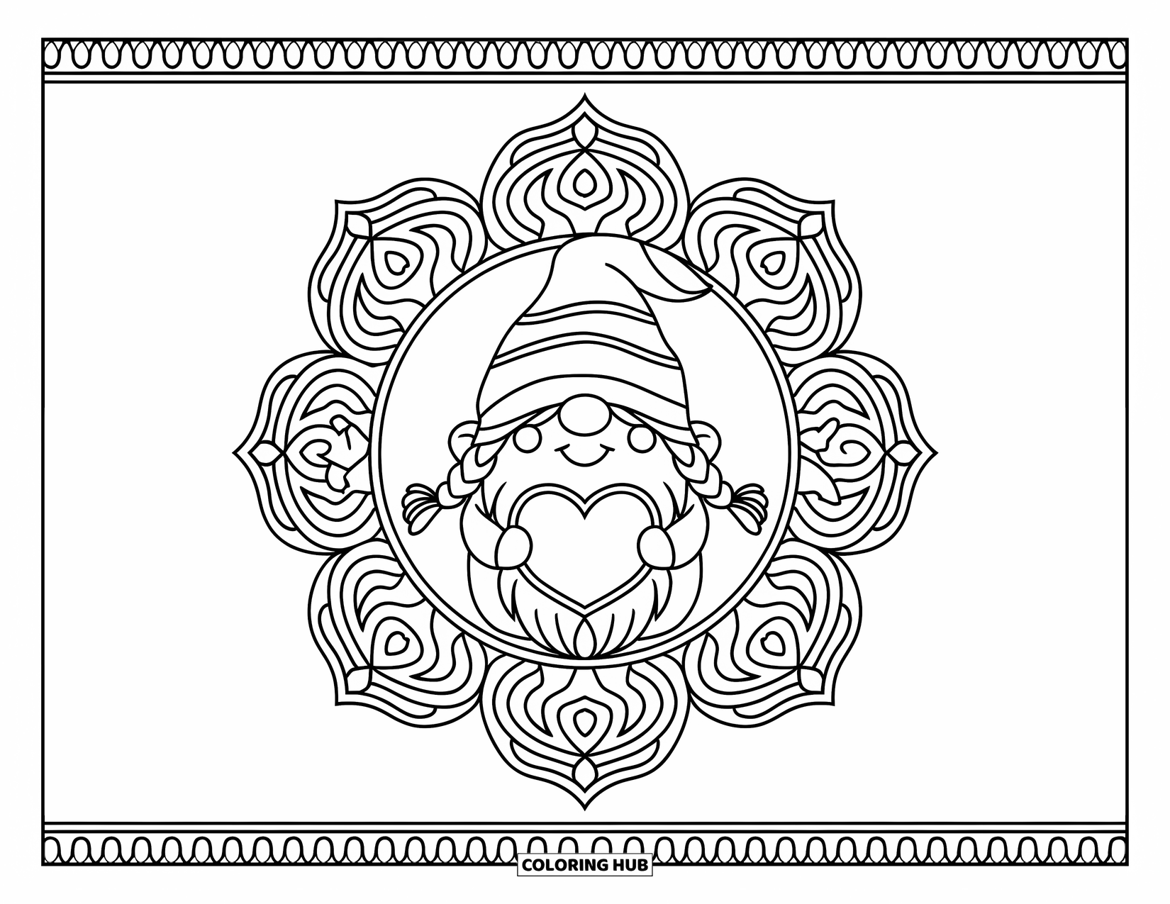 Valentine Gnome Coloring Page for Adults: A Valentine gnome with pigtails holds a love note inside a rose mandala