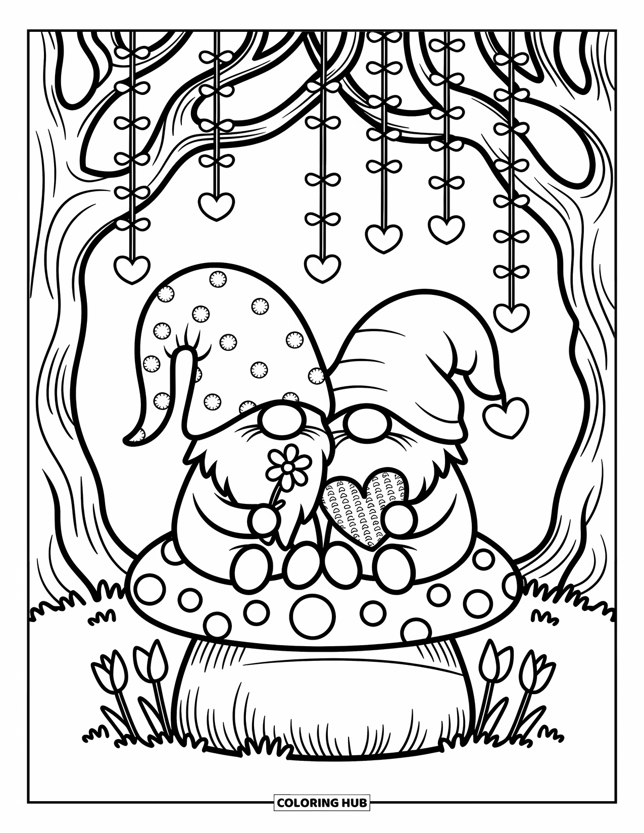 Valentine Gnome Coloring Page for Adults: Two gnomes sit on a mushroom bench sharing a flower and heart card