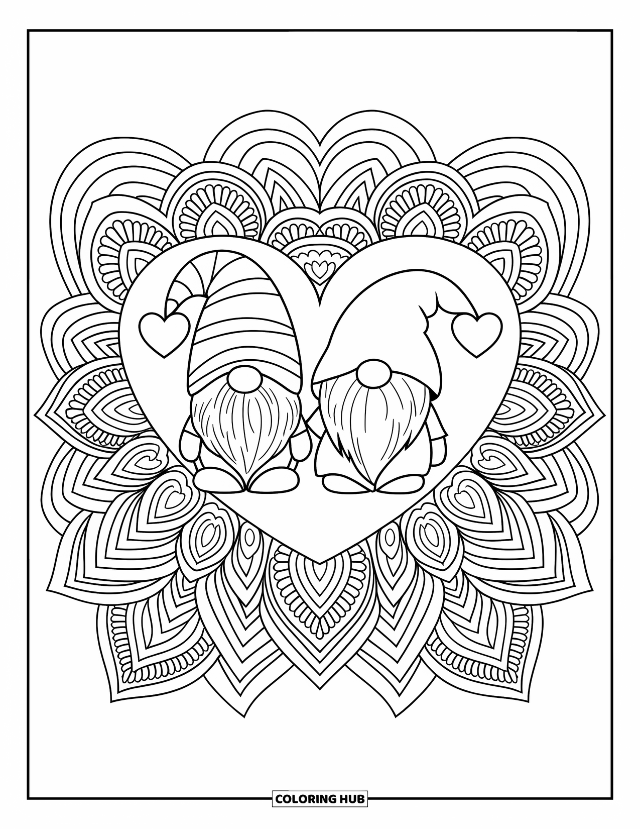 Valentine Gnome Coloring Page for Adults: Two Valentine gnomes in red hold hands in a layered heart mandala design