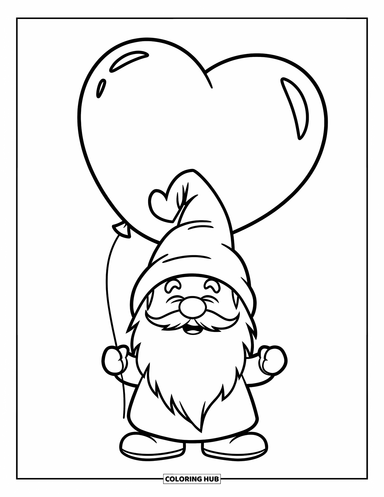 Valentine Gnome Coloring Page for Kids: A cheerful gnome carries a big balloon shaped like a heart