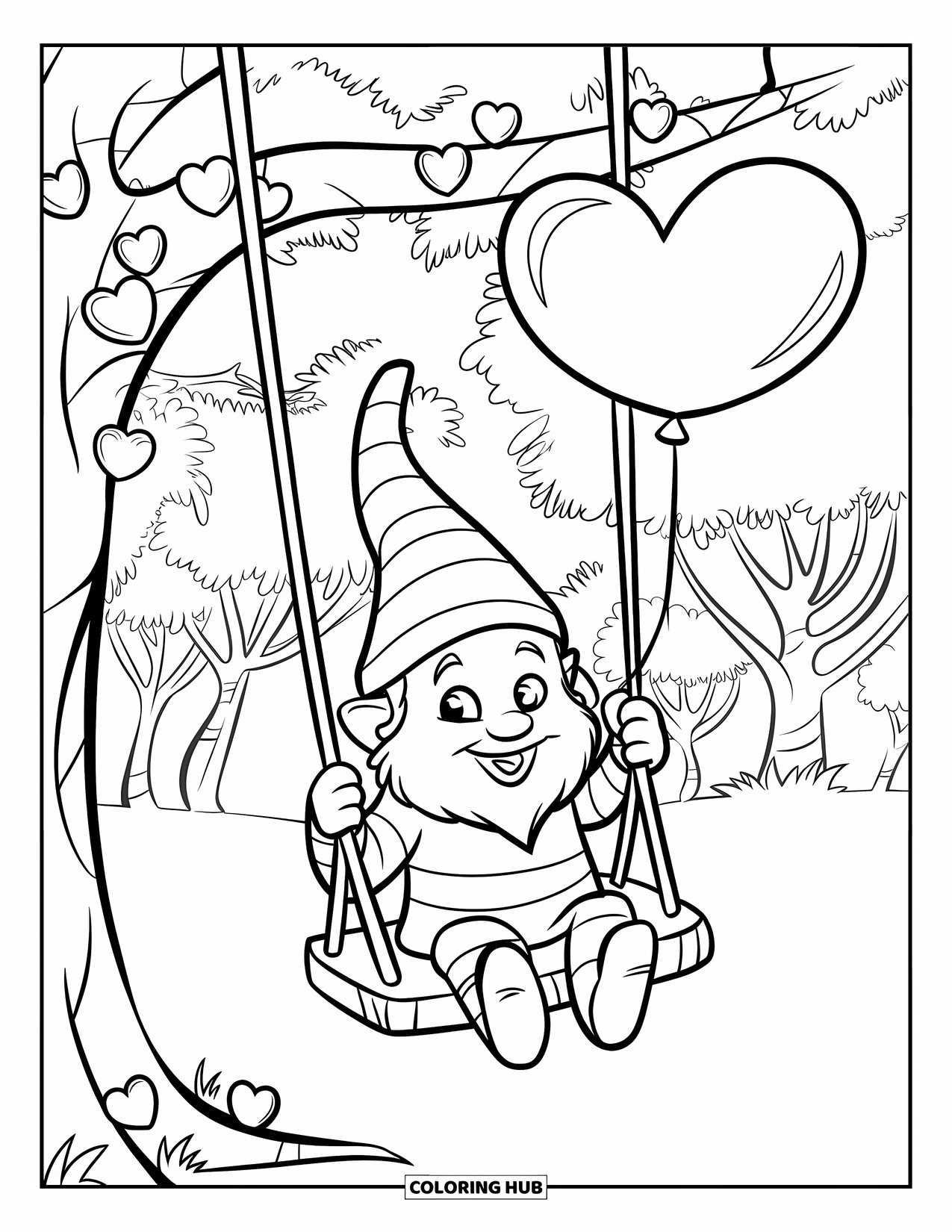 Valentine Gnome Coloring Page for Kids: A cheerful gnome swings from a heart-leaf tree with a balloon nearby